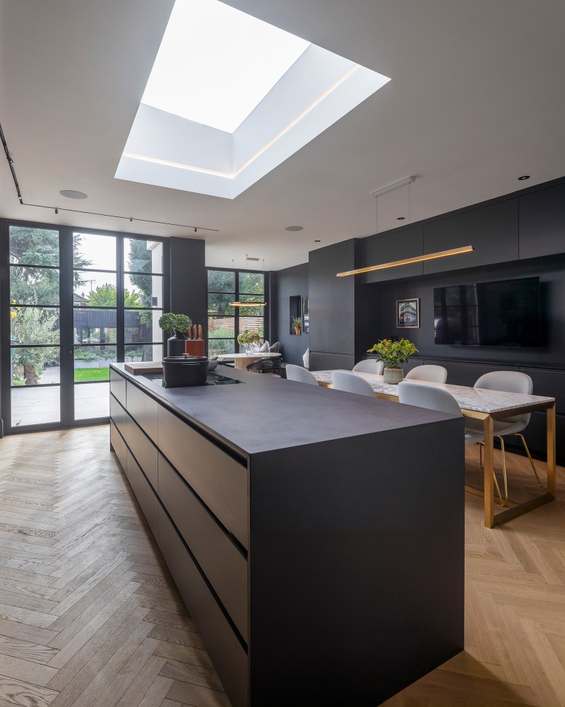 Modern black kitchen with herringbone wood flooring, steel-framed doors, and a bull terrier looking outside
